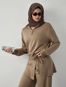 Celisse Women's Solid Color Long Sleeve Half-Zip Sweatshirt And Side Knot Waist Pants Casual Sports Set - Brown - View 7