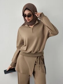 Celisse Women's Solid Color Long Sleeve Half-Zip Sweatshirt And Side Knot Waist Pants Casual Sports Set - Brown - View 5