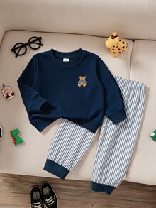 2件組 幼兒男童運動衫褲套裝 學院風海軍藍熊刺繡 條紋羅紋長袖圓領 日常派對秋季套頭穿著 加厚衣物 - 寶藍色 - 查看 4