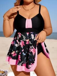 SHEIN Swim Curve 大尺碼夏季沙灘對比花卉印花褶皺胸部坦克泳裝套裝 - 彩色 - 查看 4