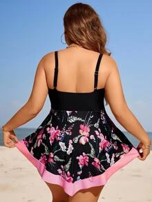 SHEIN Swim Curve 大尺碼夏季沙灘對比花卉印花褶皺胸部坦克泳裝套裝 - 彩色 - 查看 2