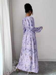 Seusyu Women's Elegant Purple Floral Chiffon Butterfly Print Ruched Round Neck Long Sleeve Lavender Lilac Dress,Summer Tea Party Dress - Purple - View 2