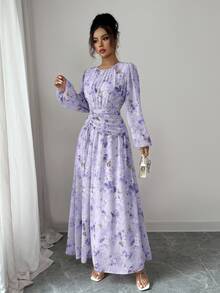 Seusyu Women's Elegant Purple Floral Chiffon Butterfly Print Ruched Round Neck Long Sleeve Lavender Lilac Dress,Summer Tea Party Dress - Purple - View 7