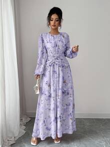 Seusyu Women's Elegant Purple Floral Chiffon Butterfly Print Ruched Round Neck Long Sleeve Lavender Lilac Dress,Summer Tea Party Dress - Purple - View 6