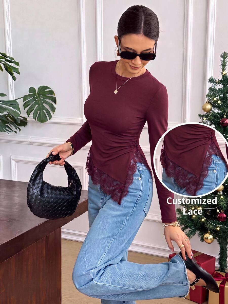 Serisse تي شيرت نسائي أنيق بلون موحد مع تطريز دانتيل وشق جانبي لحفلات وعشاء ومكتب باللون البرغندي للخريف والشتاء - عنابي اللون - مشاهدة 1