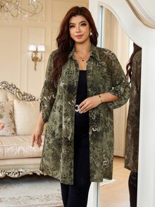 Reflora Plus Size Women's All-Over Print Casual Elegant Versatile Daily Wear Shirt Brunch Party Olive Green Summer - Green - View 7