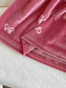 SHEIN 2pcs Baby Girls Velvet Dress Cute Sweet Pink Bow Print Ruffle Button Long Sleeve Round Neck Regular Holiday Party Winter Christmas Flared Hem - Pink - View 8