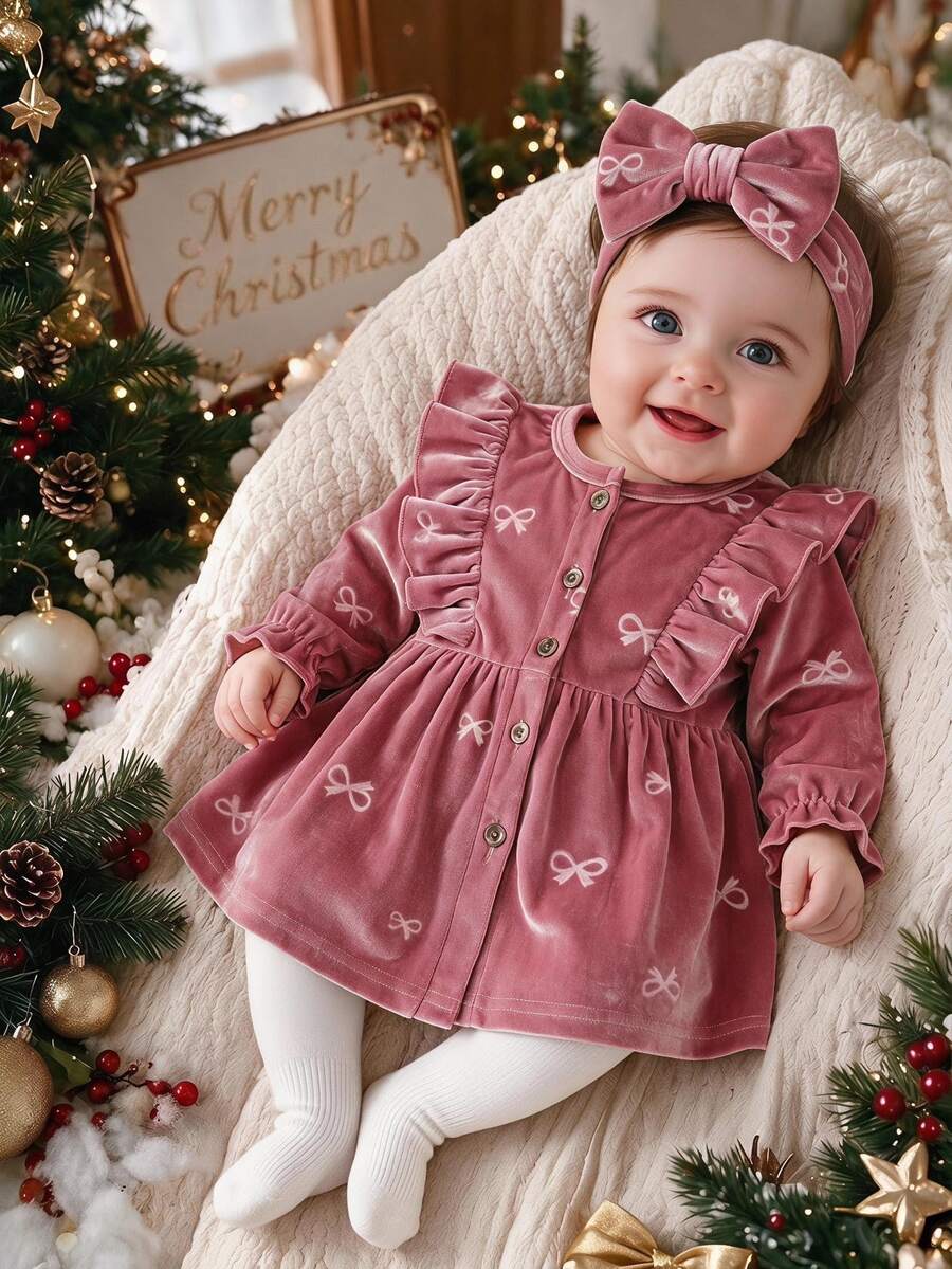 SHEIN 2pcs Baby Girls Velvet Dress Cute Sweet Pink Bow Print Ruffle Button Long Sleeve Round Neck Regular Holiday Party Winter Christmas Flared Hem - Pink - View 1