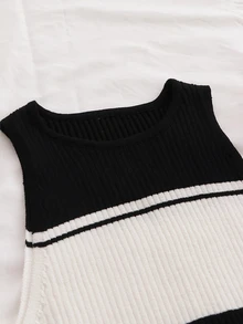 SHEIN 夏季黑白罗纹海军蓝撞色针织连衣裙，修身罗纹荷叶边下摆无袖弹力A字针织连衣裙，女士通勤办公连衣裙，黑白条纹连衣裙，女士夏季连衣裙，可爱夏季连衣裙，罗纹针织连衣裙，荷叶边下摆连衣裙 - 黑與白 - 查看 7