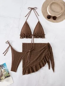 Swim Mod Set Pakaian Renang Pantai Musim Panas Wanita 3 Potong - Coffee Brown - View 8