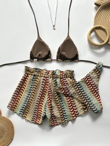 SHEIN Swim Women's Colorful Wavy Pattern Knit Halter Neck Tie Sexy Bikini Two-Piece Swimwear With Shorts Three Pieces Set - Multicolor - View 2