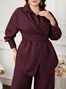 Modelyn Plus Size Women's Solid Color Pleated Long Sleeve Top And Pants Casual Daily 2 Pieces Set - Burgundy - View 4