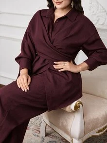 Modelyn Plus Size Women's Solid Color Pleated Long Sleeve Top And Pants Casual Daily 2 Pieces Set - Burgundy - View 6