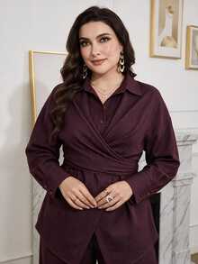 Modelyn Plus Size Women's Solid Color Pleated Long Sleeve Top And Pants Casual Daily 2 Pieces Set - Burgundy - View 9