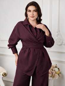 Modelyn Plus Size Women's Solid Color Pleated Long Sleeve Top And Pants Casual Daily 2 Pieces Set - Burgundy - View 1
