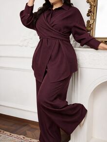 Modelyn Plus Size Women's Solid Color Pleated Long Sleeve Top And Pants Casual Daily 2 Pieces Set - Burgundy - View 7