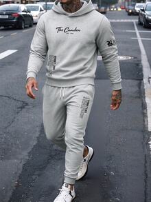 Manfinity Homme 男士成熟休閒街頭風運動套裝，灰色連帽衛衣與慢跑長褲，多位置復古文字字母印花，適合秋季度假與冬季 - 灰色 - 查看 3