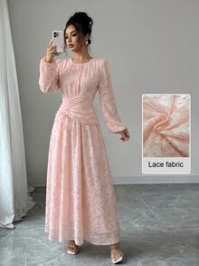 Modelyn 女款夏季雪紡蝴蝶印花抓皺圓領長袖洋裝 - 淺粉色 - 查看 3