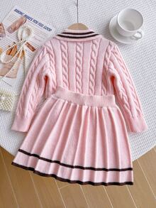 SHEIN Girls Pink Knitted 2 Pieces Set, Cute Embroidered Rabbit Sweater + Mini Skirt, Long Sleeve V-Neck Pullover Twisted Rope, Princess For Autumn - Pink - View 3