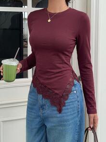 Serisse Women's Solid Color Round Neck Long Sleeve Contrast Lace Asymmetric Hem Slim Fit T-Shirt Burgundy/Wine - Burgundy - View 3