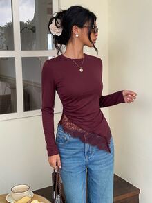 Serisse Women's Solid Color Round Neck Long Sleeve Contrast Lace Asymmetric Hem Slim Fit T-Shirt Burgundy/Wine - Burgundy - View 6