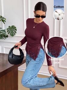 Serisse Women's Solid Color Round Neck Long Sleeve Contrast Lace Asymmetric Hem Slim Fit T-Shirt Burgundy/Wine - Burgundy - View 10
