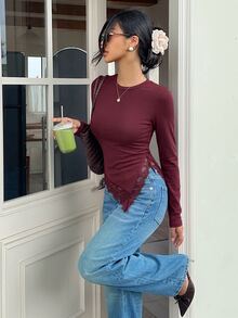 Serisse Women's Solid Color Round Neck Long Sleeve Contrast Lace Asymmetric Hem Slim Fit T-Shirt Burgundy/Wine - Burgundy - View 9
