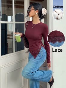 Serisse Women's Solid Color Round Neck Long Sleeve Contrast Lace Asymmetric Hem Slim Fit T-Shirt Burgundy/Wine - Burgundy - View 5