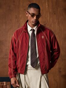 AKNOTIC Men's Letter Print Long Sleeve Zip-Up Casual Jacket - Red - View 3