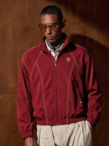 AKNOTIC Men's Letter Print Long Sleeve Zip-Up Casual Jacket - Red - View 2