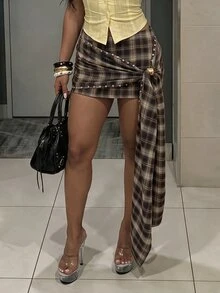 EgrlEra Women's Brown Plaid Y2K Sexy Twist Design Metal Decor Mini Skirt Night Party Clubbing Fall - Brown - View 4