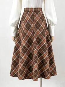SHEIN Teen Girls Teen Girl Simple Plaid Elegant Skirt Autumn/Winter - Multicolor - View 4