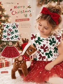 Vintage Cute Christmas Bow Kids & Man Pattern, Young Girl Casual Fashion Cute Sleeve Round Neck T-Shirt, Suitable For Spring/Summer, Christmas - Multicolor - View 2