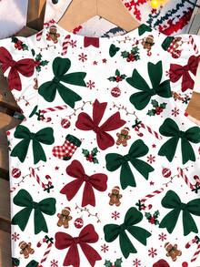 Vintage Cute Christmas Bow Kids & Man Pattern, Young Girl Casual Fashion Cute Sleeve Round Neck T-Shirt, Suitable For Spring/Summer, Christmas - Multicolor - View 5