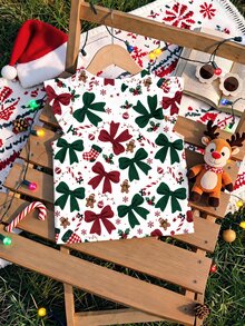 Vintage Cute Christmas Bow Kids & Man Pattern, Young Girl Casual Fashion Cute Sleeve Round Neck T-Shirt, Suitable For Spring/Summer, Christmas - Multicolor - View 6
