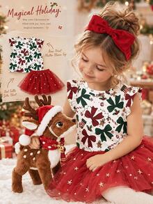 Vintage Cute Christmas Bow Kids & Man Pattern, Young Girl Casual Fashion Cute Sleeve Round Neck T-Shirt, Suitable For Spring/Summer, Christmas - Multicolor - View 4