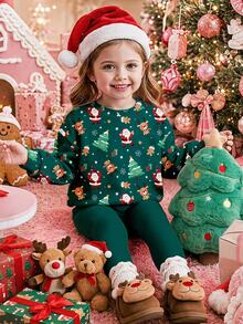 Baby Girl Vintage Christmas Tree Print Crew Neck Sweatshirt And Elastic Waist Long Autumn Winter Pants Set, Christmas Eve Atmosphere - Multicolor - View 2