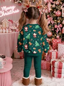 Baby Girl Vintage Christmas Tree Print Crew Neck Sweatshirt And Elastic Waist Long Autumn Winter Pants Set, Christmas Eve Atmosphere - Multicolor - View 3