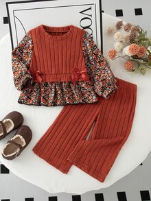 SHEIN 幼女上衣+長褲套裝 鐵鏽紅花卉羅紋蝴蝶結泡泡袖圓領 常規版 感恩節派對家庭套裝 秋季公主風穿搭 - 彩色 - 查看 3
