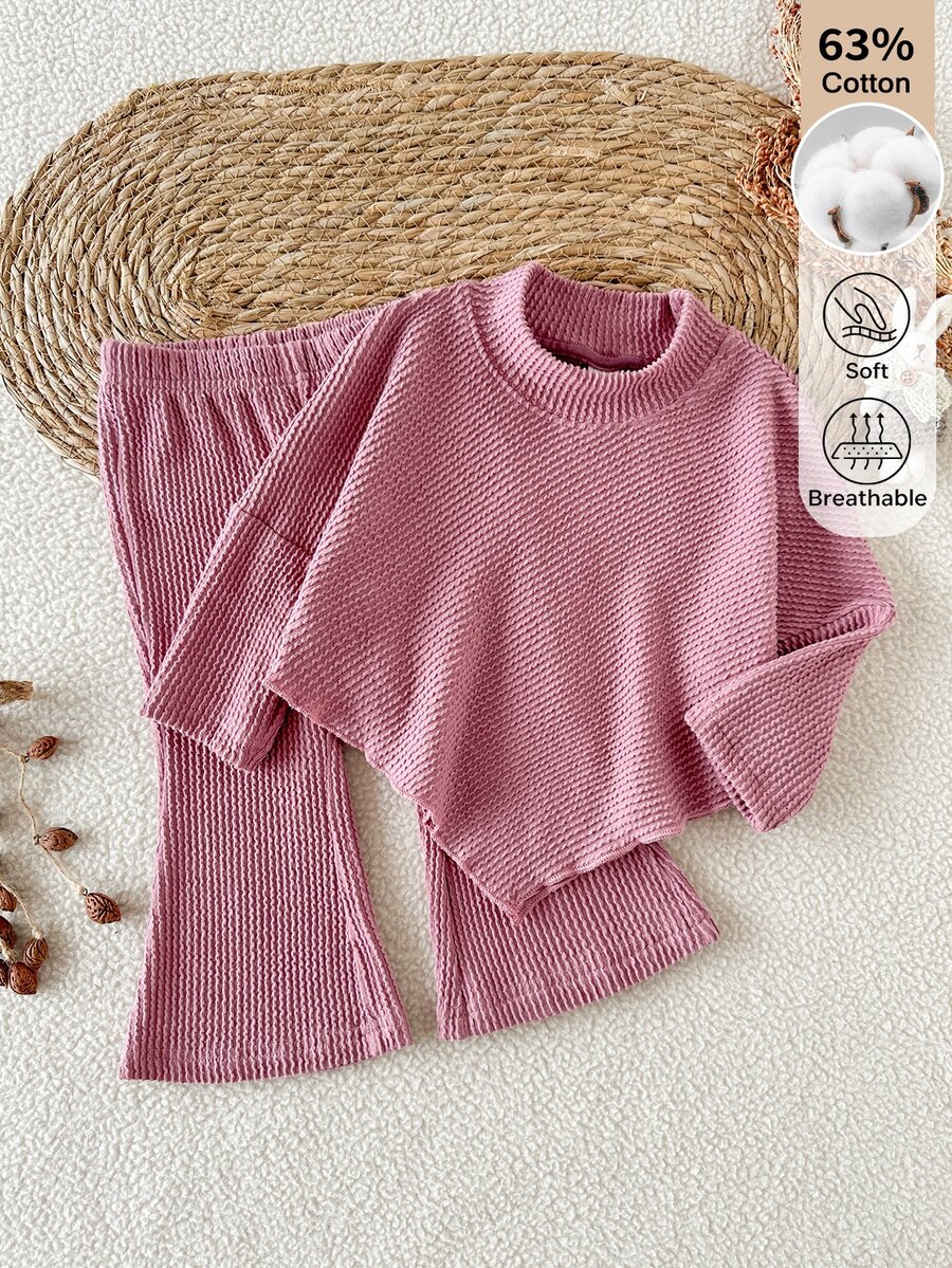 SHEIN Baby Girls' 2Pcs Set Pink , Asymmetrical MockNeck LongSleeve Pullover With Flared Pants, Ideal For Outdoor Wear In Fall, Family Matching Photoshoot Cute