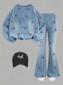 SHEIN Girls Sweet Cherry Print 2 Pieces Set, Round Neck Long Sleeve Top + Elastic Waist Flared Pants, Casual Outfit For Tween Girl - Multicolor - View 3