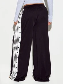 SUMWON WOMEN Oversized Wide Leg Snap Button Track Pants With Stripe Panel Contrast Detail And Elasticated Drawstring Waist Everyday Streetwear - Black - View 2