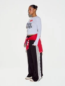 SUMWON WOMEN Oversized Wide Leg Snap Button Track Pants With Stripe Panel Contrast Detail And Elasticated Drawstring Waist Everyday Streetwear - Black - View 3