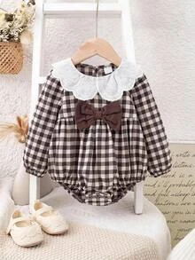 SHEIN Newborn Baby Girl Cute Patchwork Peter Pan Collar Long Sleeve Bodysuit, Autumn/Winter - Multicolor - View 2