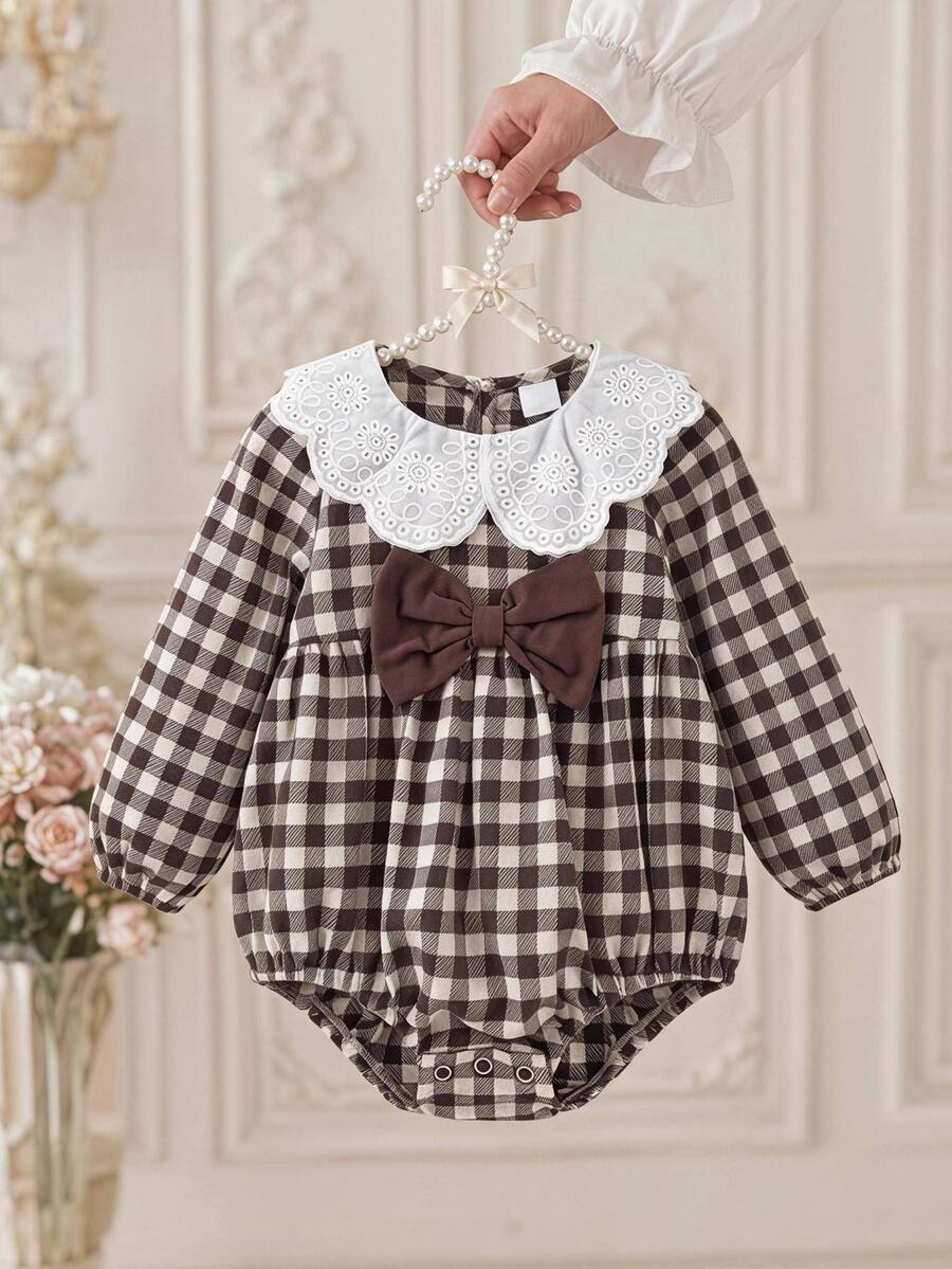 SHEIN Newborn Baby Girl Cute Patchwork Peter Pan Collar Long Sleeve Bodysuit, Autumn/Winter - Multicolor - View 1