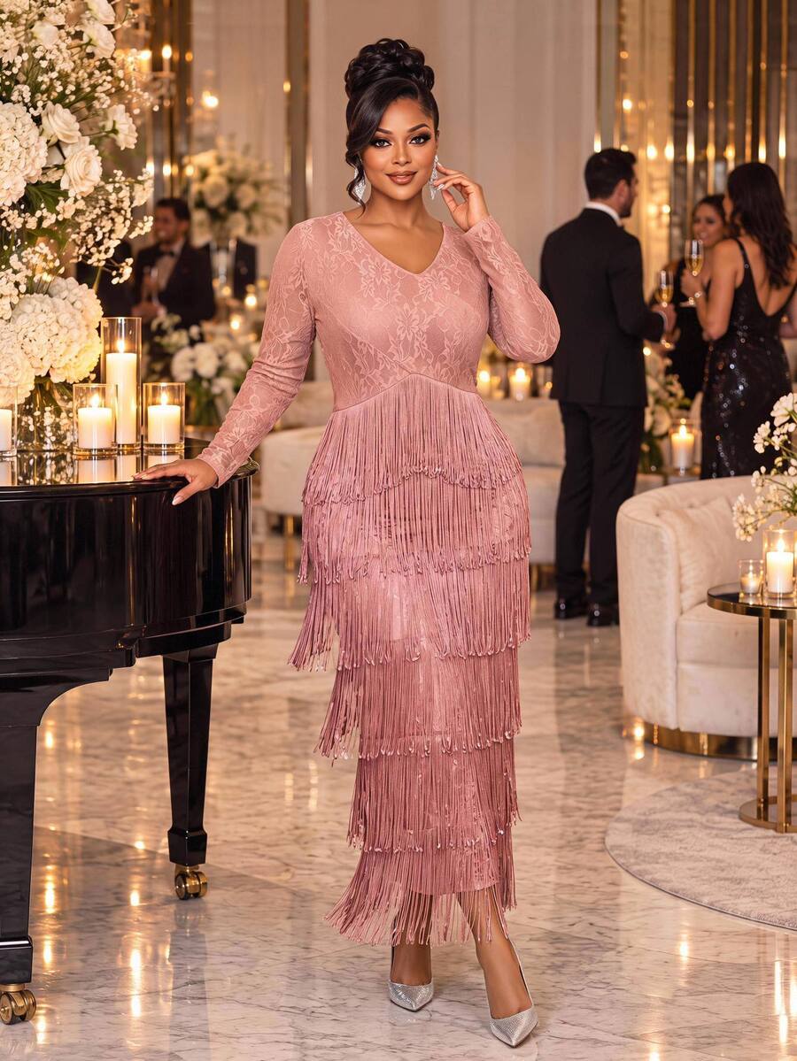 Fleurora Women's Plus Size High Waist Multi-Layer Hem Dress Fall New Year Formal Wedding Party Dusty Pink Elegant Romantic - Khaki - View 1