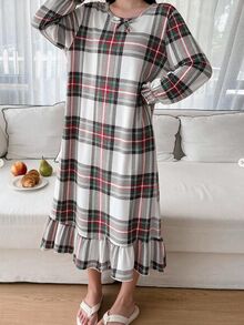 Teen Girls Fashion Cute Plaid Print Floral Pattern Long Sleeve Ruffle Hem Comfortable Milk Silk Fabric Loungewear Nightgown - Multicolor - View 3