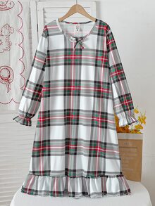 Teen Girls Fashion Cute Plaid Print Floral Pattern Long Sleeve Ruffle Hem Comfortable Milk Silk Fabric Loungewear Nightgown - Multicolor - View 10