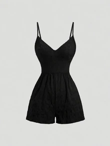 Ceyna Plus Size Solid Color Business Casual Sexy Minimalist Woven Textured Back Tie Bow Cami Romper Vacation Black Summer Going Out - Black - View 3