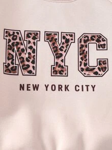 SHEIN Tween Girls Fleece 2 Pieces Outfits, Fall Style NYC Letter Print Crewneck Sweatshirt And Leopard Side Stripe Bow Decor Sweatpants Set, Casual Fall Clot - Apricot - View 6